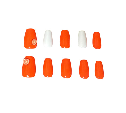 Set of orange and white press on nails