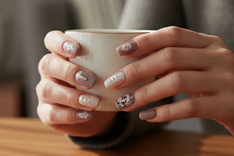 purple and white decorated rhinestones false nails salon quality gel