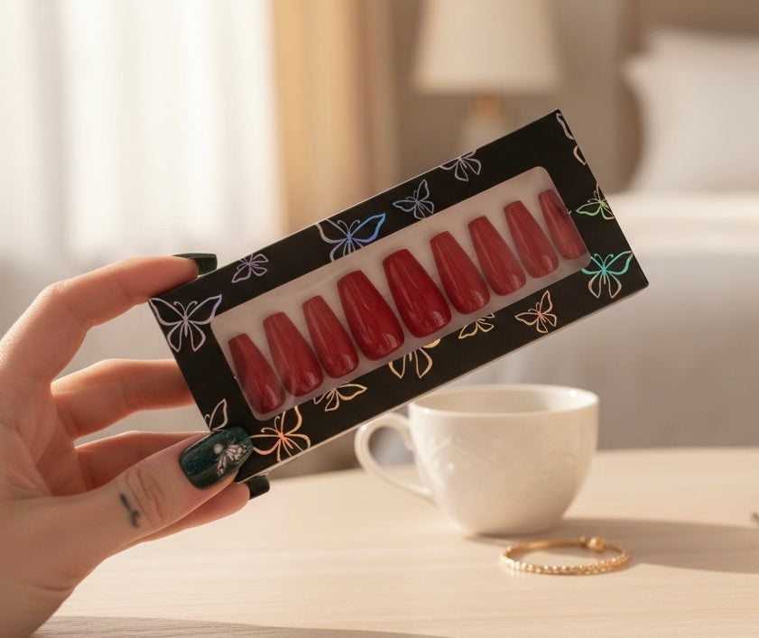 Polished press ons Luxury press-on nails with glossy finish, precision shape, and high-end salon-quality design